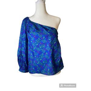 Veronica Beard Lyric One-Shoulder 100% Silk Top Blue Floral‎ Women's Size 8